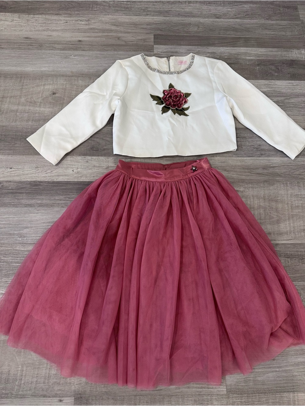 Girls White Top and Rose Pink Tulle Skirt Matching Set